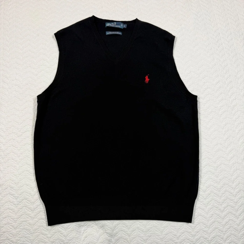 Polo Ralph Lauren Men Sweater Vest Large 100% Pima Cotton V-Neck Black Excellent